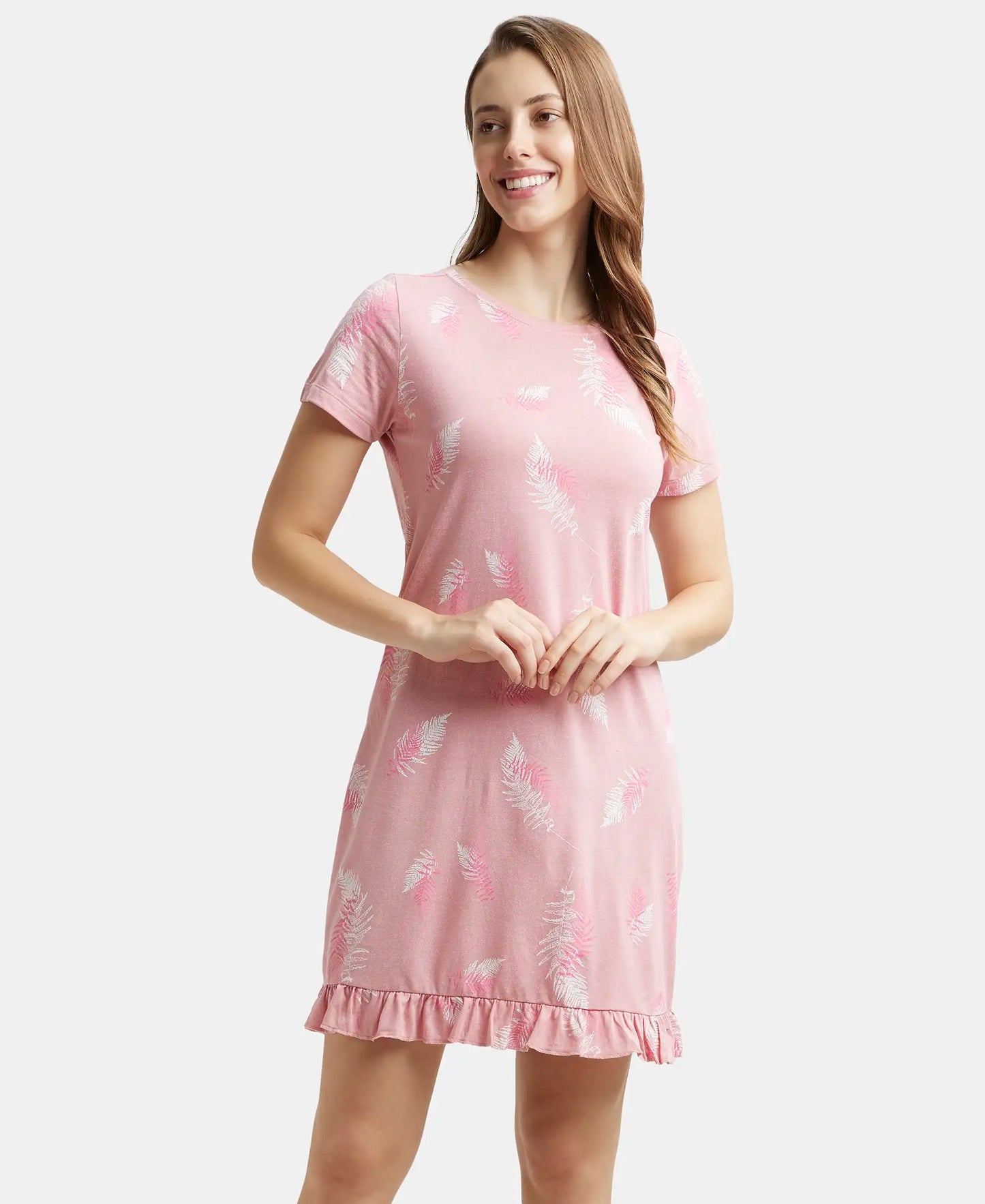 Micro Modal Cotton Ruffled Hem Styled Half Sleeve Printed Sleep Dress - Blush Assorted Prints-6