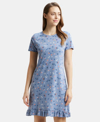 Micro Modal Cotton Ruffled Hem Styled Half Sleeve Printed Sleep Dress - Infinity Blue Assorted Prints-1