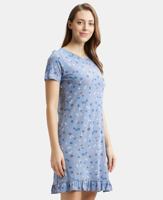 Micro Modal Cotton Ruffled Hem Styled Half Sleeve Printed Sleep Dress - Infinity Blue Assorted Prints-2