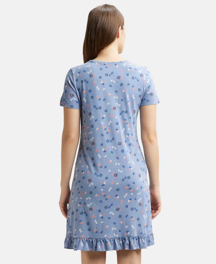 Micro Modal Cotton Ruffled Hem Styled Half Sleeve Printed Sleep Dress - Infinity Blue Assorted Prints-3