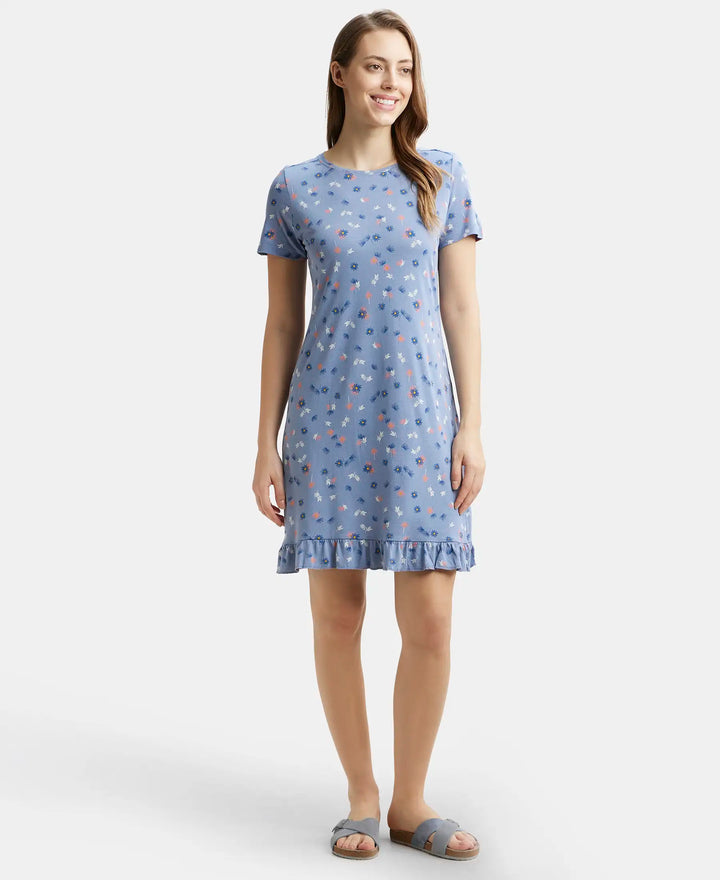Micro Modal Cotton Ruffled Hem Styled Half Sleeve Printed Sleep Dress - Infinity Blue Assorted Prints-4