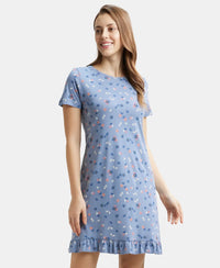 Micro Modal Cotton Ruffled Hem Styled Half Sleeve Printed Sleep Dress - Infinity Blue Assorted Prints-5