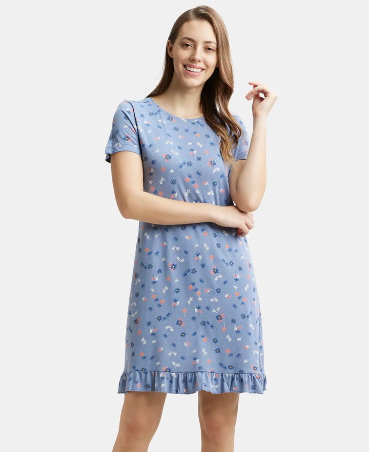 Micro Modal Cotton Ruffled Hem Styled Half Sleeve Printed Sleep Dress - Infinity Blue Assorted Prints-6