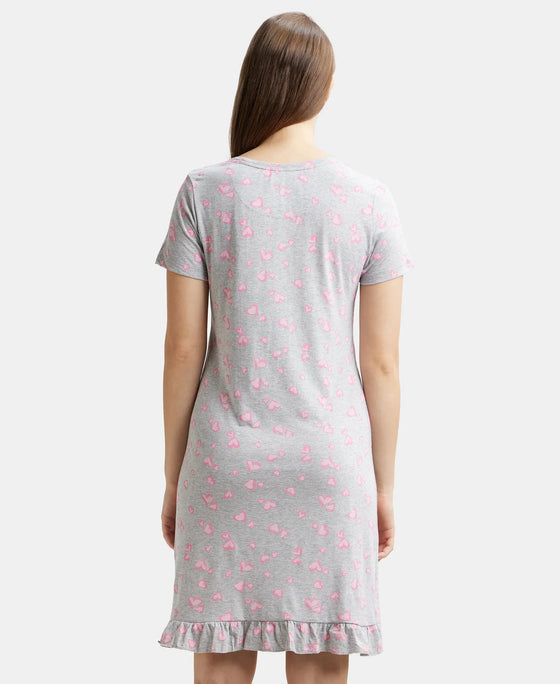 Micro Modal Cotton Ruffled Hem Styled Half Sleeve Printed Sleep Dress - Light Grey Melange Assorted Prints-3