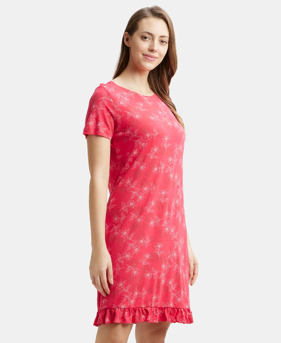 Micro Modal Cotton Ruffled Hem Styled Half Sleeve Printed Sleep Dress - Ruby-2