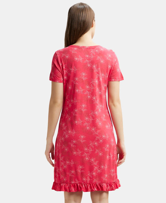 Micro Modal Cotton Ruffled Hem Styled Half Sleeve Printed Sleep Dress - Ruby-3
