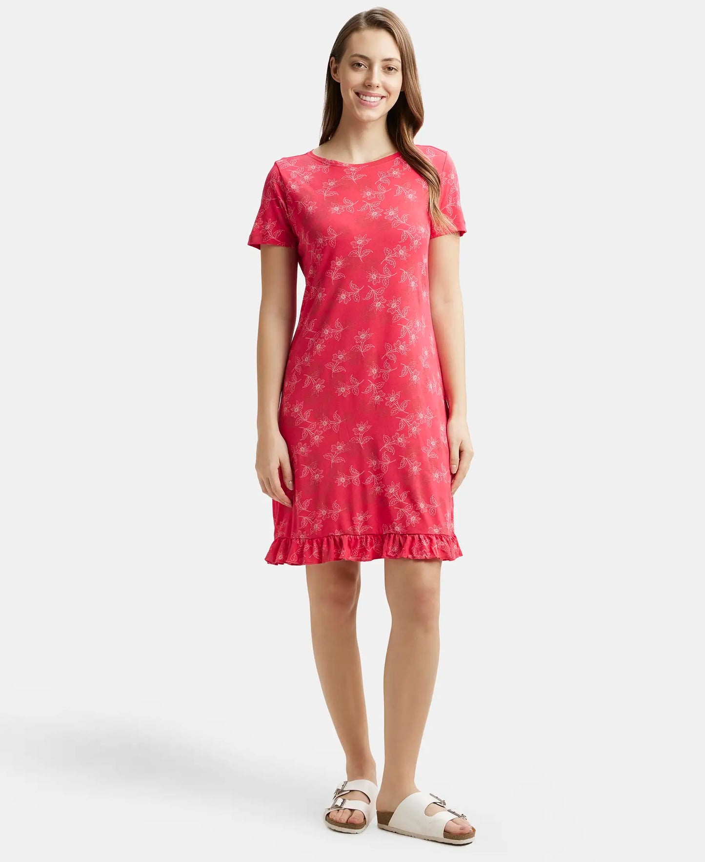Micro Modal Cotton Ruffled Hem Styled Half Sleeve Printed Sleep Dress - Ruby-4
