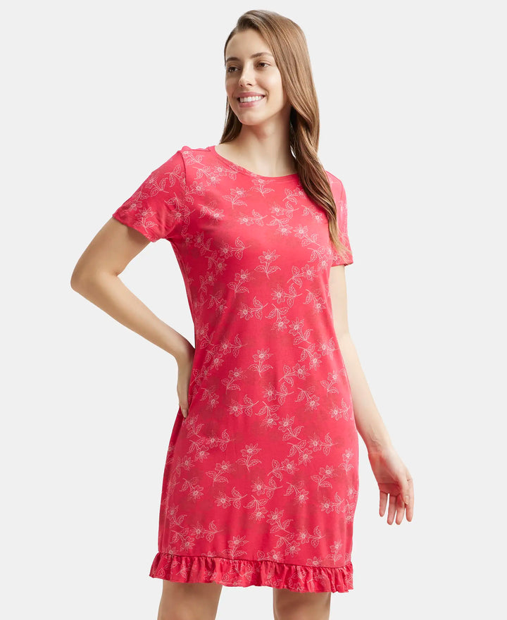 Micro Modal Cotton Ruffled Hem Styled Half Sleeve Printed Sleep Dress - Ruby-5