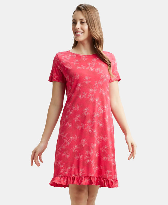 Micro Modal Cotton Ruffled Hem Styled Half Sleeve Printed Sleep Dress - Ruby-6
