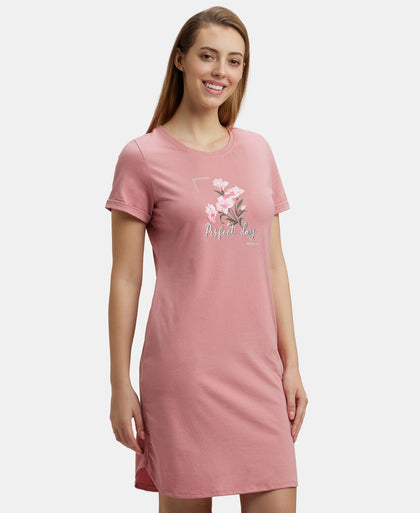 Super Combed Cotton Curved Hem Styled Half Sleeve Printed Sleep Dress with Side Pockets - Brandied Apricot-2