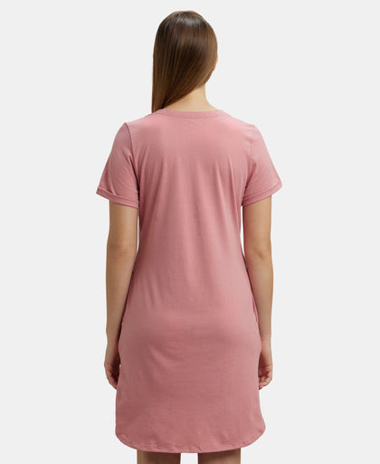 Super Combed Cotton Curved Hem Styled Half Sleeve Printed Sleep Dress with Side Pockets - Brandied Apricot-3