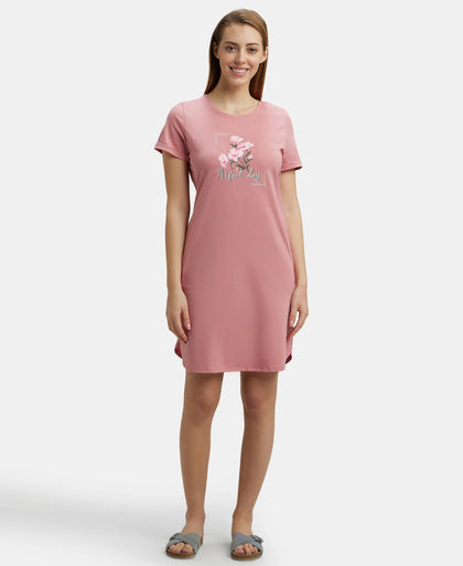 Super Combed Cotton Curved Hem Styled Half Sleeve Printed Sleep Dress with Side Pockets - Brandied Apricot-4
