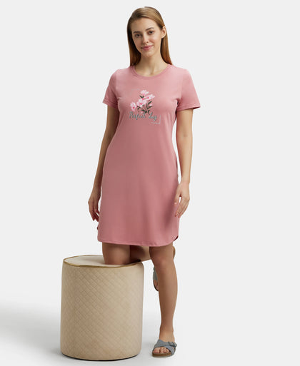 Super Combed Cotton Curved Hem Styled Half Sleeve Printed Sleep Dress with Side Pockets - Brandied Apricot-6