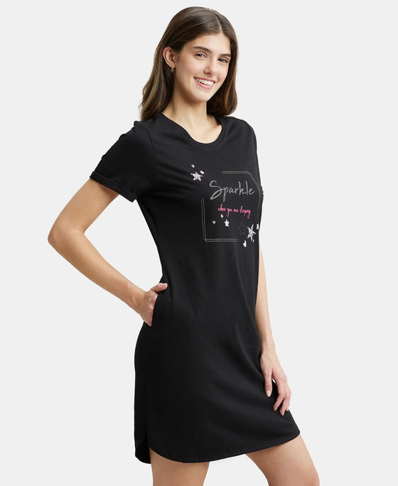 Super Combed Cotton Curved Hem Styled Half Sleeve Printed Sleep Dress with Side Pockets - Black-2