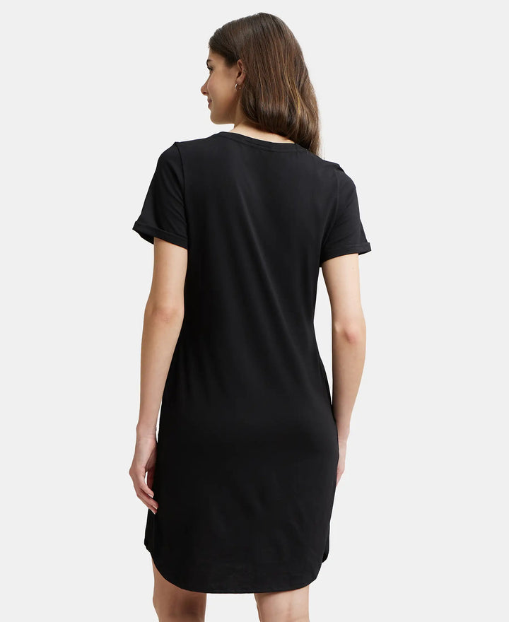 Super Combed Cotton Curved Hem Styled Half Sleeve Printed Sleep Dress with Side Pockets - Black-3