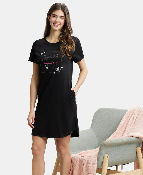 Super Combed Cotton Curved Hem Styled Half Sleeve Printed Sleep Dress with Side Pockets - Black-5