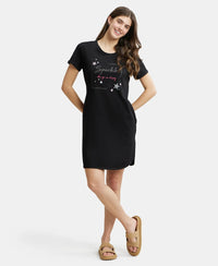 Super Combed Cotton Curved Hem Styled Half Sleeve Printed Sleep Dress with Side Pockets - Black-6