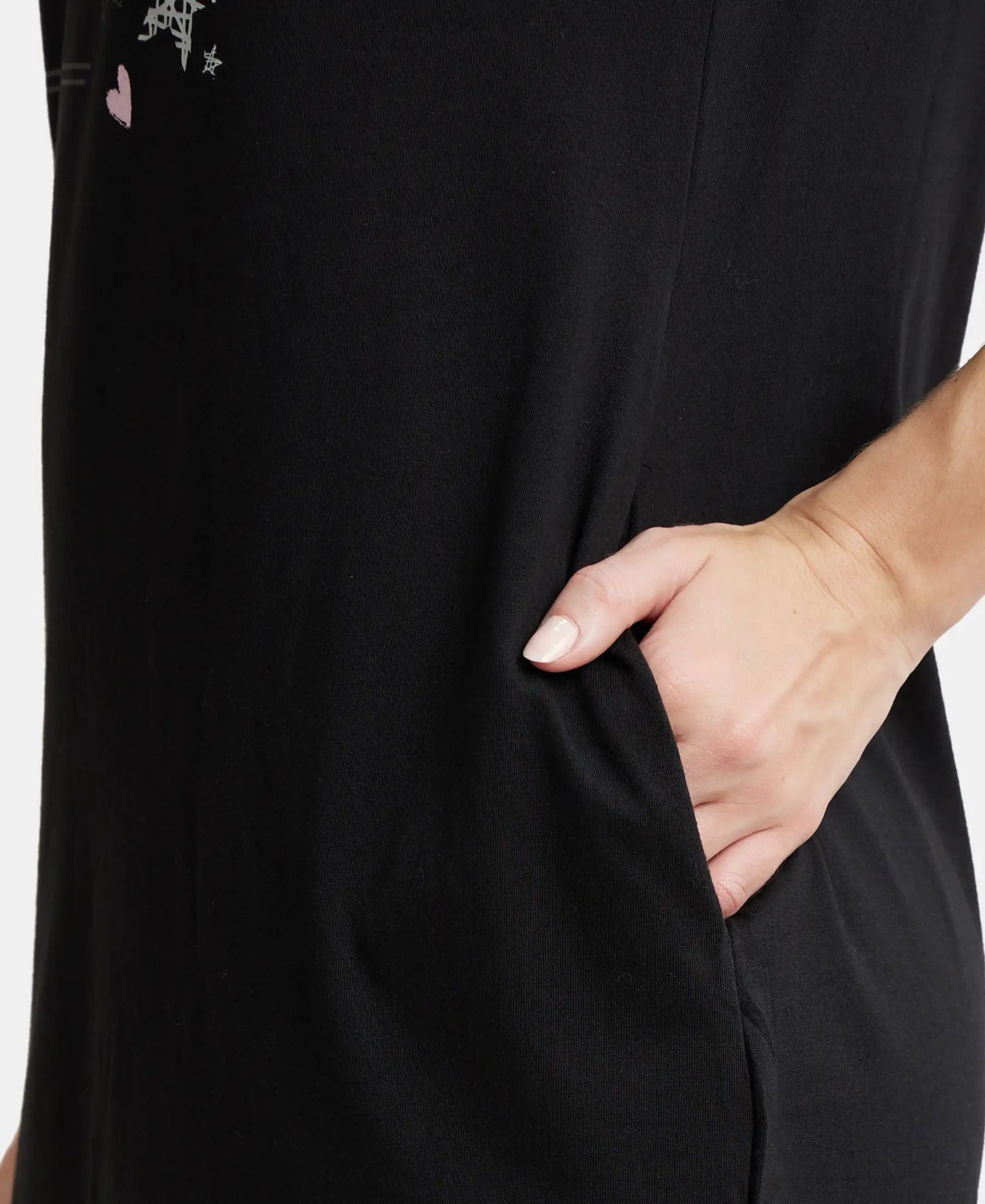 Super Combed Cotton Curved Hem Styled Half Sleeve Printed Sleep Dress with Side Pockets - Black-7