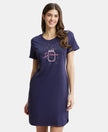 Super Combed Cotton Curved Hem Styled Half Sleeve Printed Sleep Dress with Side Pockets - Classic Navy-1