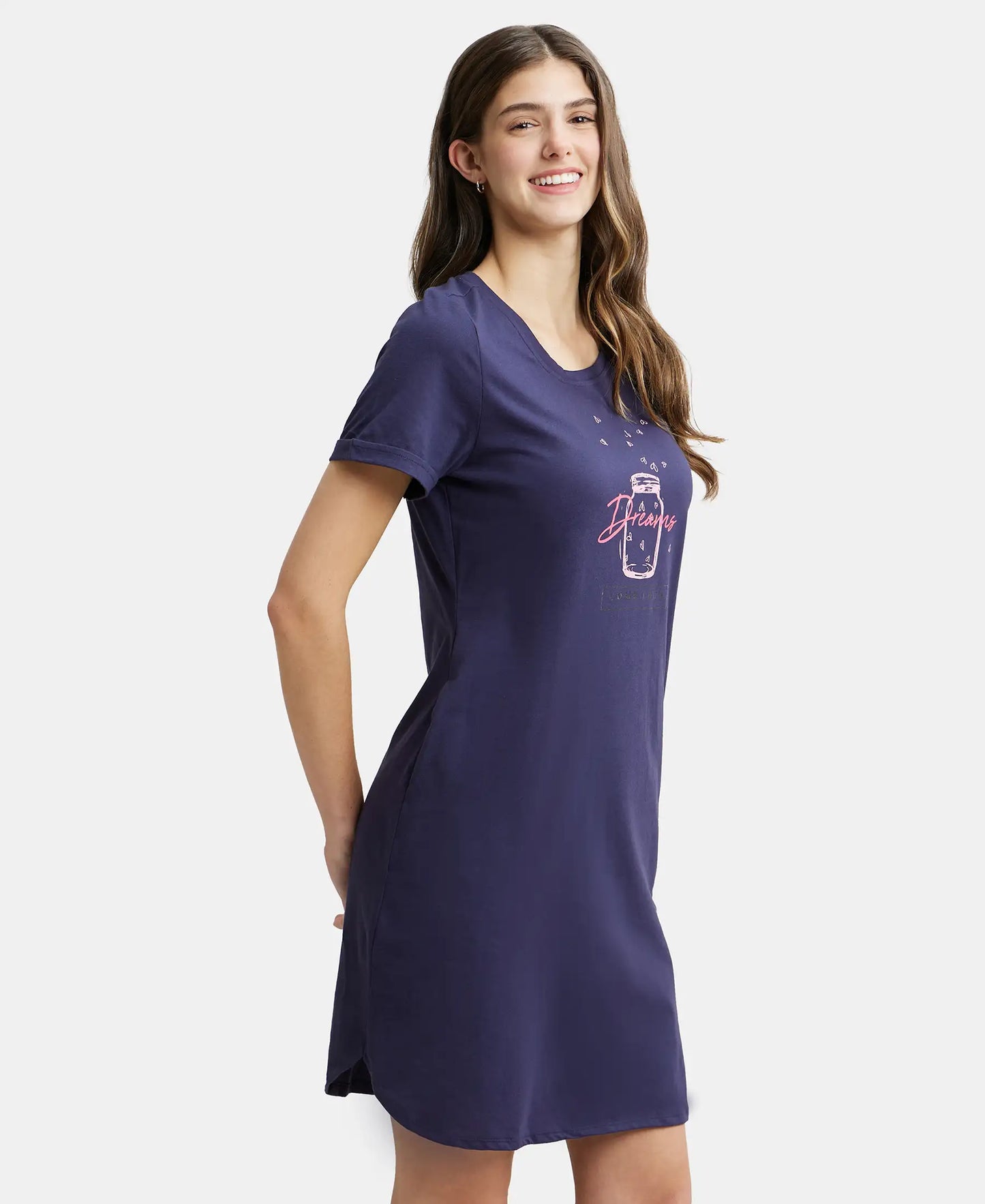 Super Combed Cotton Curved Hem Styled Half Sleeve Printed Sleep Dress with Side Pockets - Classic Navy-2