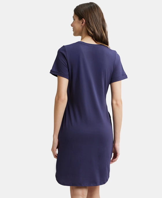 Super Combed Cotton Curved Hem Styled Half Sleeve Printed Sleep Dress with Side Pockets - Classic Navy-3