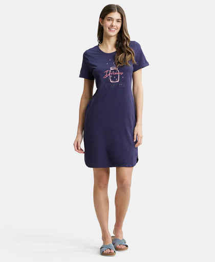 Super Combed Cotton Curved Hem Styled Half Sleeve Printed Sleep Dress with Side Pockets - Classic Navy-4