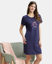 Super Combed Cotton Curved Hem Styled Half Sleeve Printed Sleep Dress with Side Pockets - Classic Navy-5