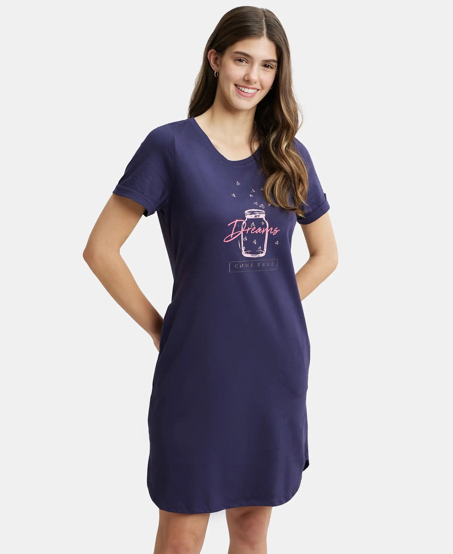 Super Combed Cotton Curved Hem Styled Half Sleeve Printed Sleep Dress with Side Pockets - Classic Navy-6