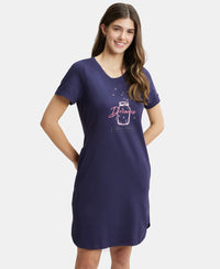 Super Combed Cotton Curved Hem Styled Half Sleeve Printed Sleep Dress with Side Pockets - Classic Navy-6
