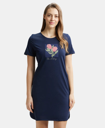 Super Combed Cotton Curved Hem Styled Half Sleeve Printed Sleep Dress with Side Pockets - Navy Blazer-1