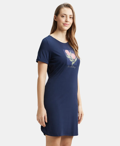 Super Combed Cotton Curved Hem Styled Half Sleeve Printed Sleep Dress with Side Pockets - Navy Blazer-2