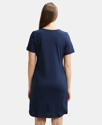 Super Combed Cotton Curved Hem Styled Half Sleeve Printed Sleep Dress with Side Pockets - Navy Blazer-3