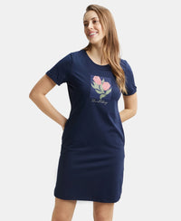 Super Combed Cotton Curved Hem Styled Half Sleeve Printed Sleep Dress with Side Pockets - Navy Blazer-6