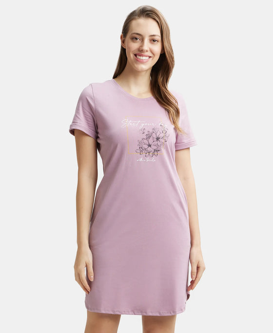 Super Combed Cotton Curved Hem Styled Half Sleeve Printed Sleep Dress with Side Pockets - Old Rose-1