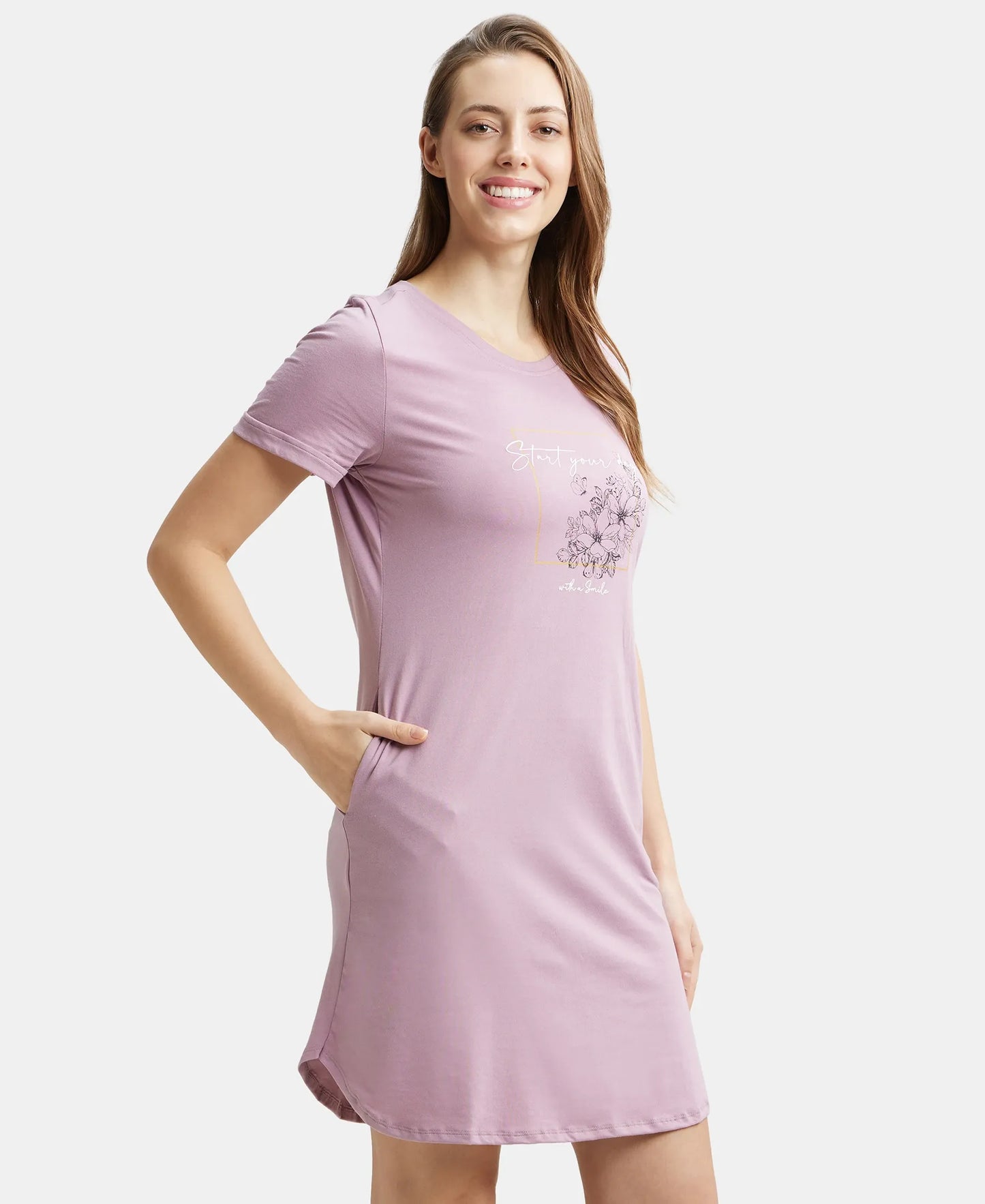 Super Combed Cotton Curved Hem Styled Half Sleeve Printed Sleep Dress with Side Pockets - Old Rose-2