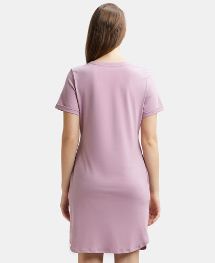 Super Combed Cotton Curved Hem Styled Half Sleeve Printed Sleep Dress with Side Pockets - Old Rose-3