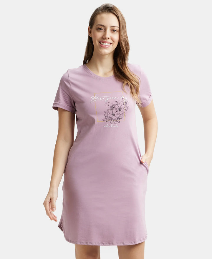 Super Combed Cotton Curved Hem Styled Half Sleeve Printed Sleep Dress with Side Pockets - Old Rose-5