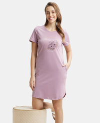 Super Combed Cotton Curved Hem Styled Half Sleeve Printed Sleep Dress with Side Pockets - Old Rose-6