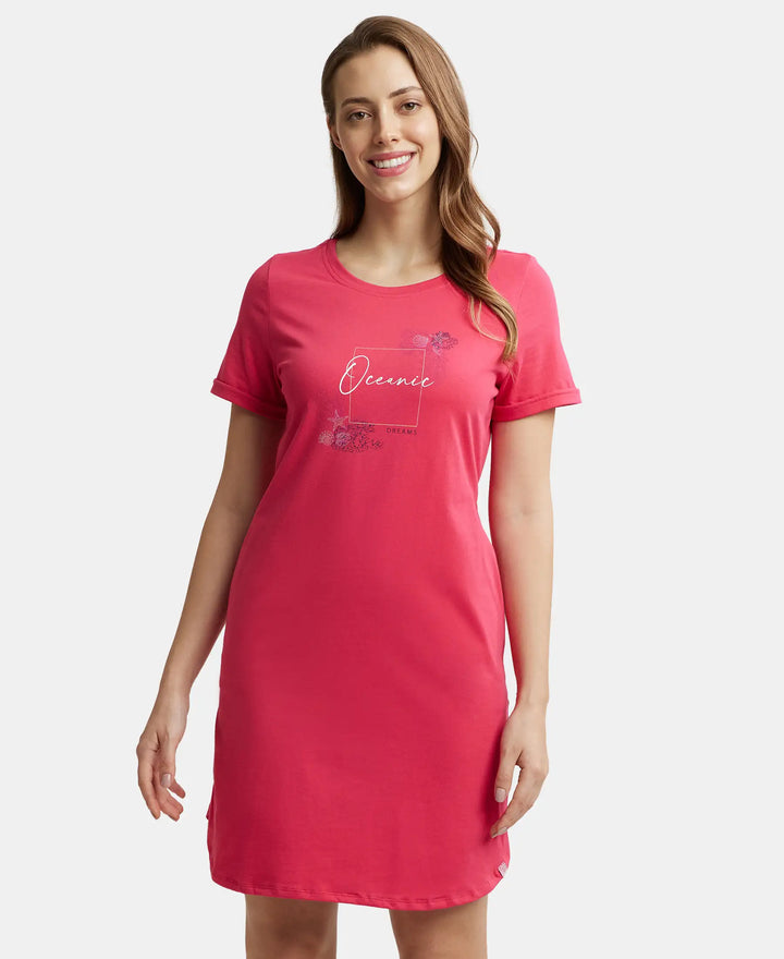 Super Combed Cotton Curved Hem Styled Half Sleeve Printed Sleep Dress with Side Pockets - Ruby-1