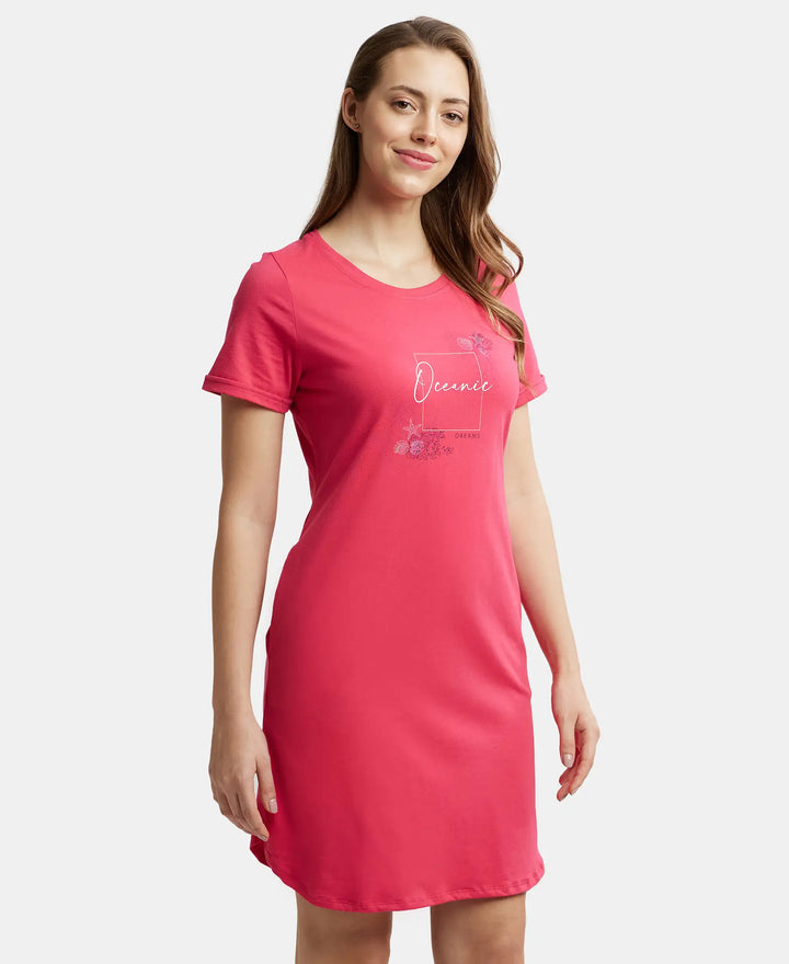 Super Combed Cotton Curved Hem Styled Half Sleeve Printed Sleep Dress with Side Pockets - Ruby-2