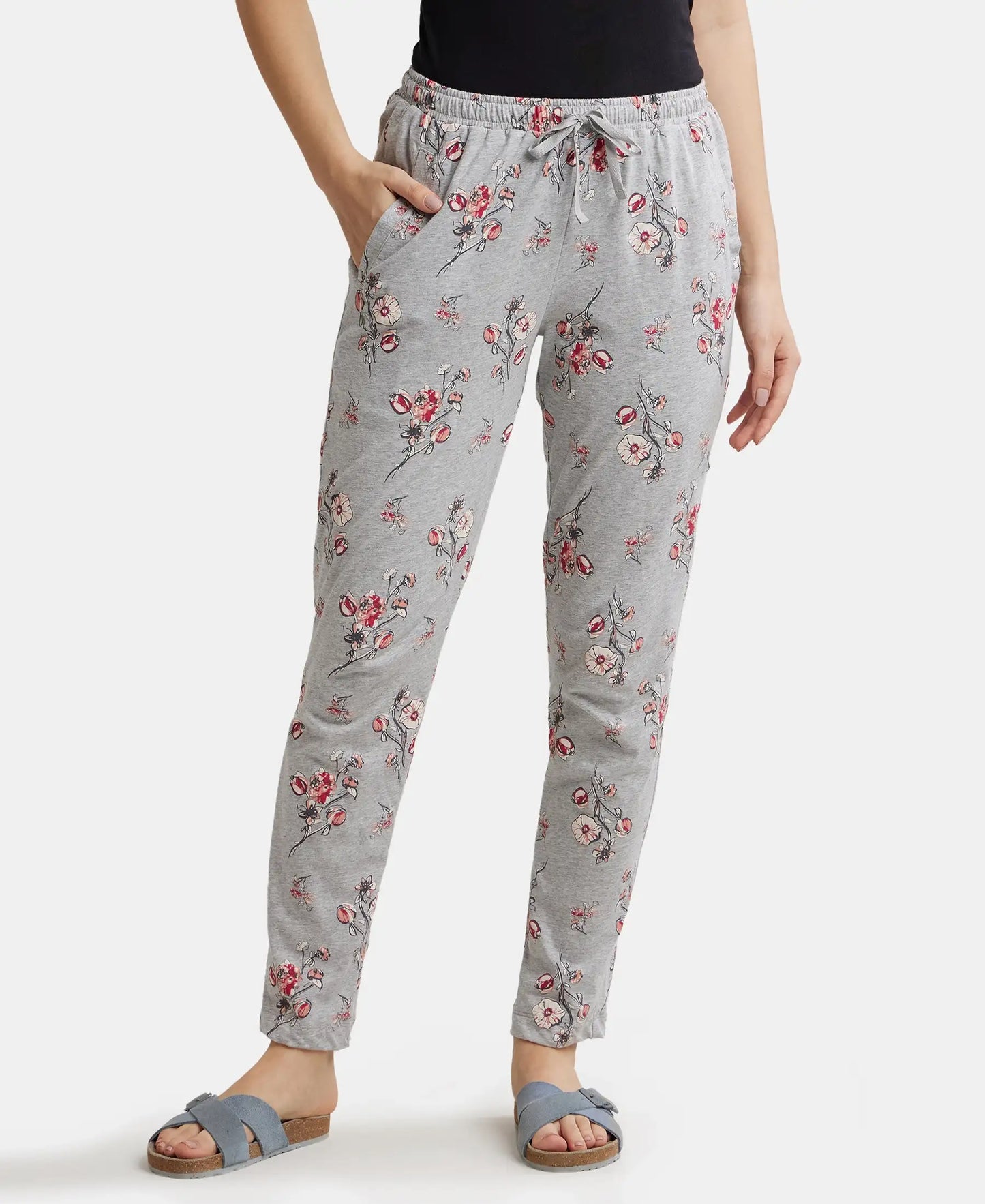 Super Combed Cotton Relaxed Fit Printed Pyjama with Side Pockets - Light Grey Melange-1
