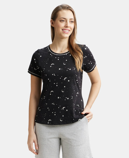 Super Combed Cotton Relaxed Fit Printed Round Neck Half Sleeve T-Shirt with Contrast Piping Design - Black-5