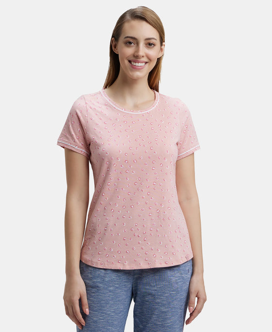 Super Combed Cotton Relaxed Fit Printed Round Neck Half Sleeve T-Shirt with Contrast Piping Design - Blush-1