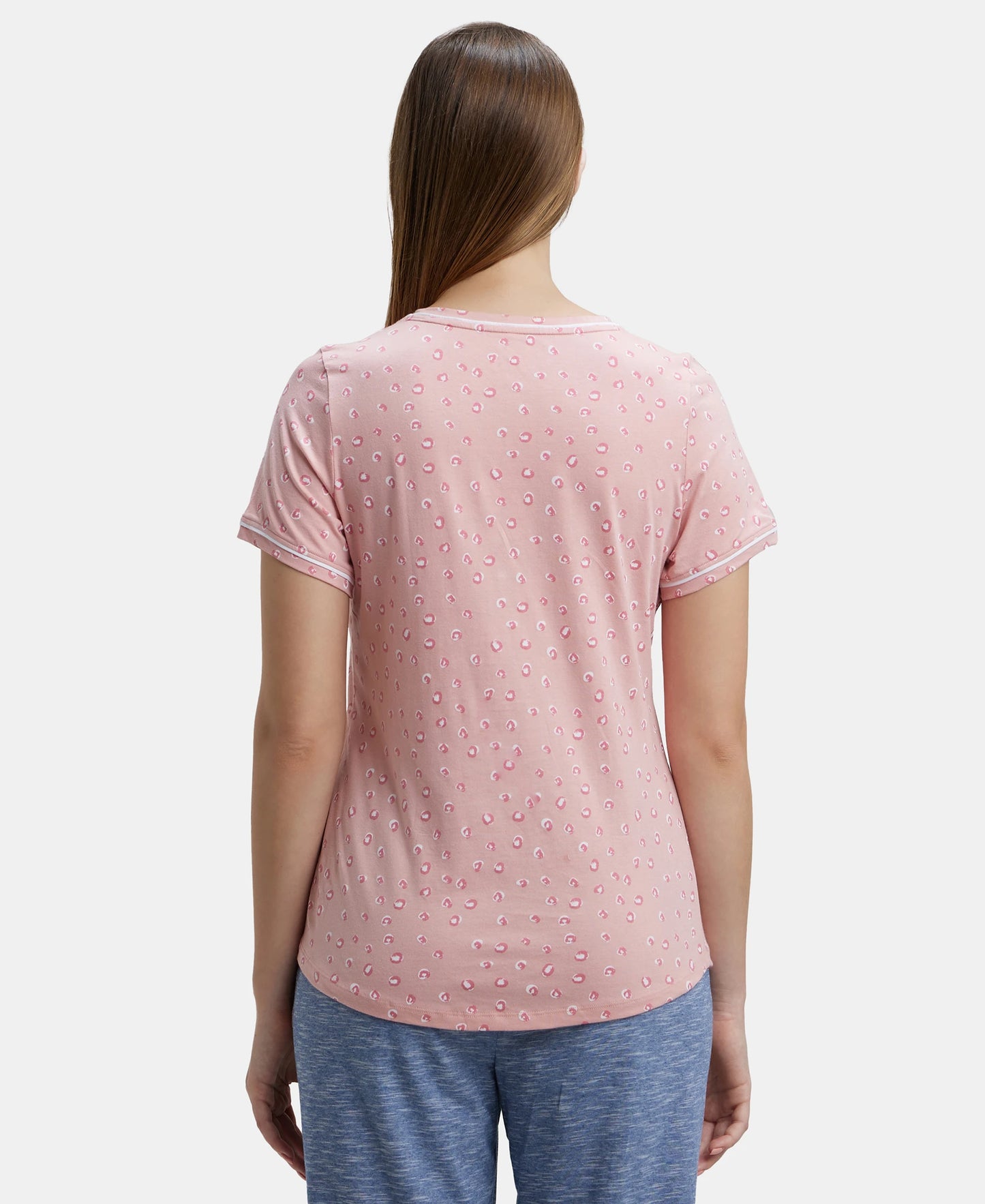 Super Combed Cotton Relaxed Fit Printed Round Neck Half Sleeve T-Shirt with Contrast Piping Design - Blush-3