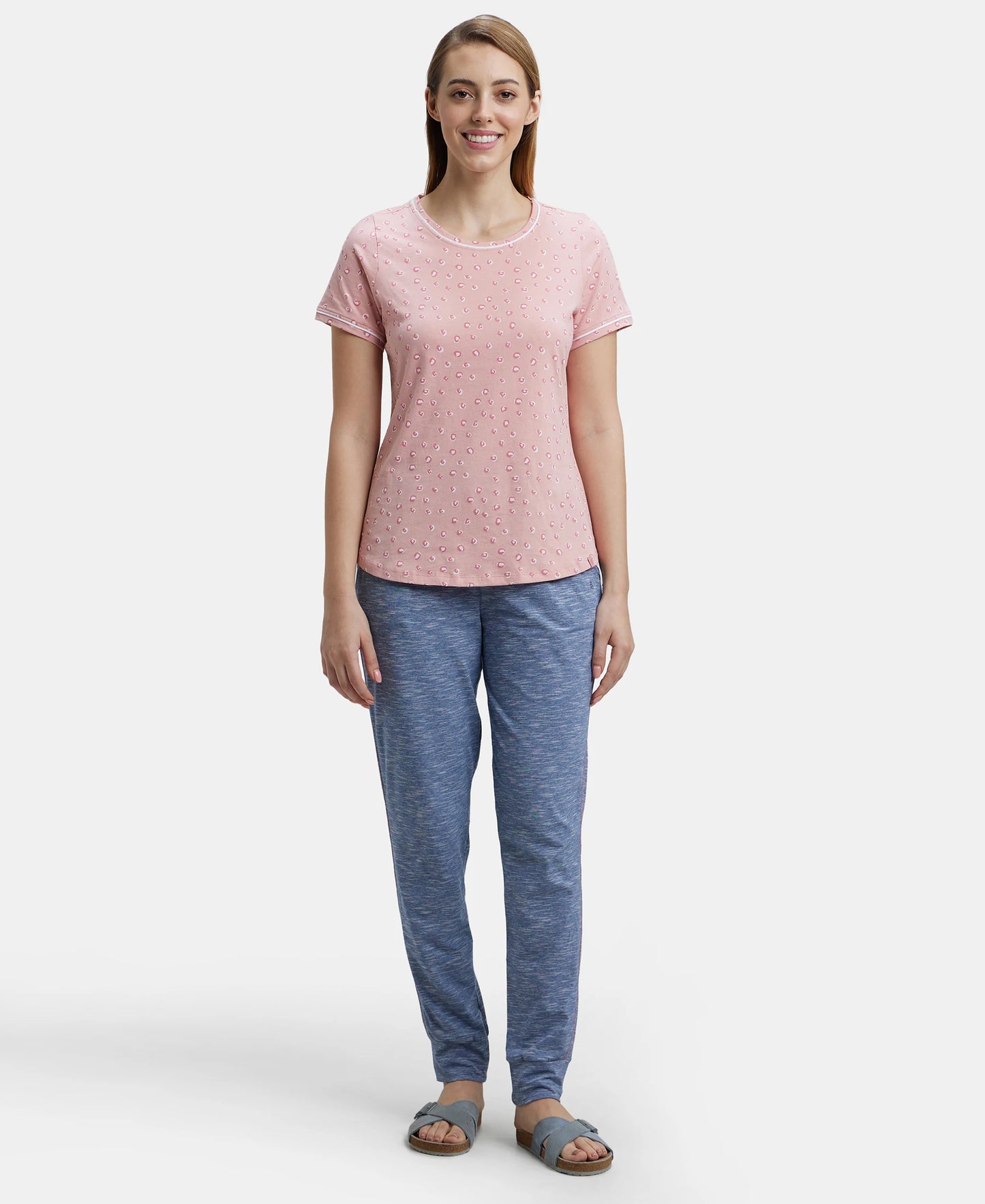 Super Combed Cotton Relaxed Fit Printed Round Neck Half Sleeve T-Shirt with Contrast Piping Design - Blush-4