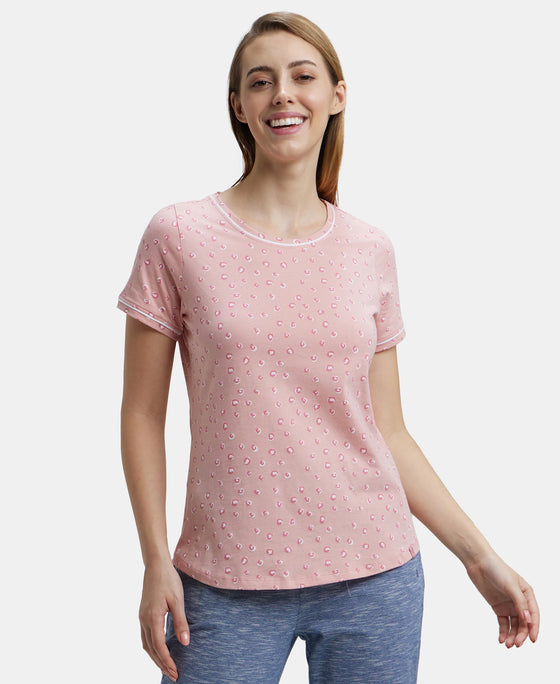 Super Combed Cotton Relaxed Fit Printed Round Neck Half Sleeve T-Shirt with Contrast Piping Design - Blush-5