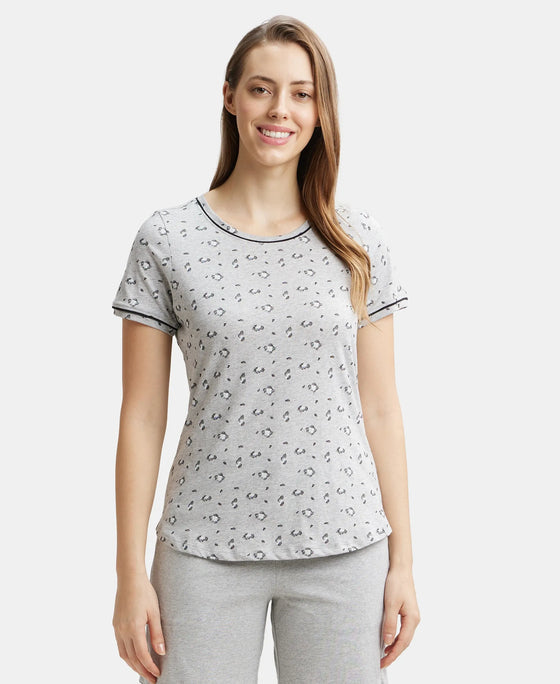 Super Combed Cotton Relaxed Fit Printed Round Neck Half Sleeve T-Shirt with Contrast Piping Design - Light Grey Melange-1