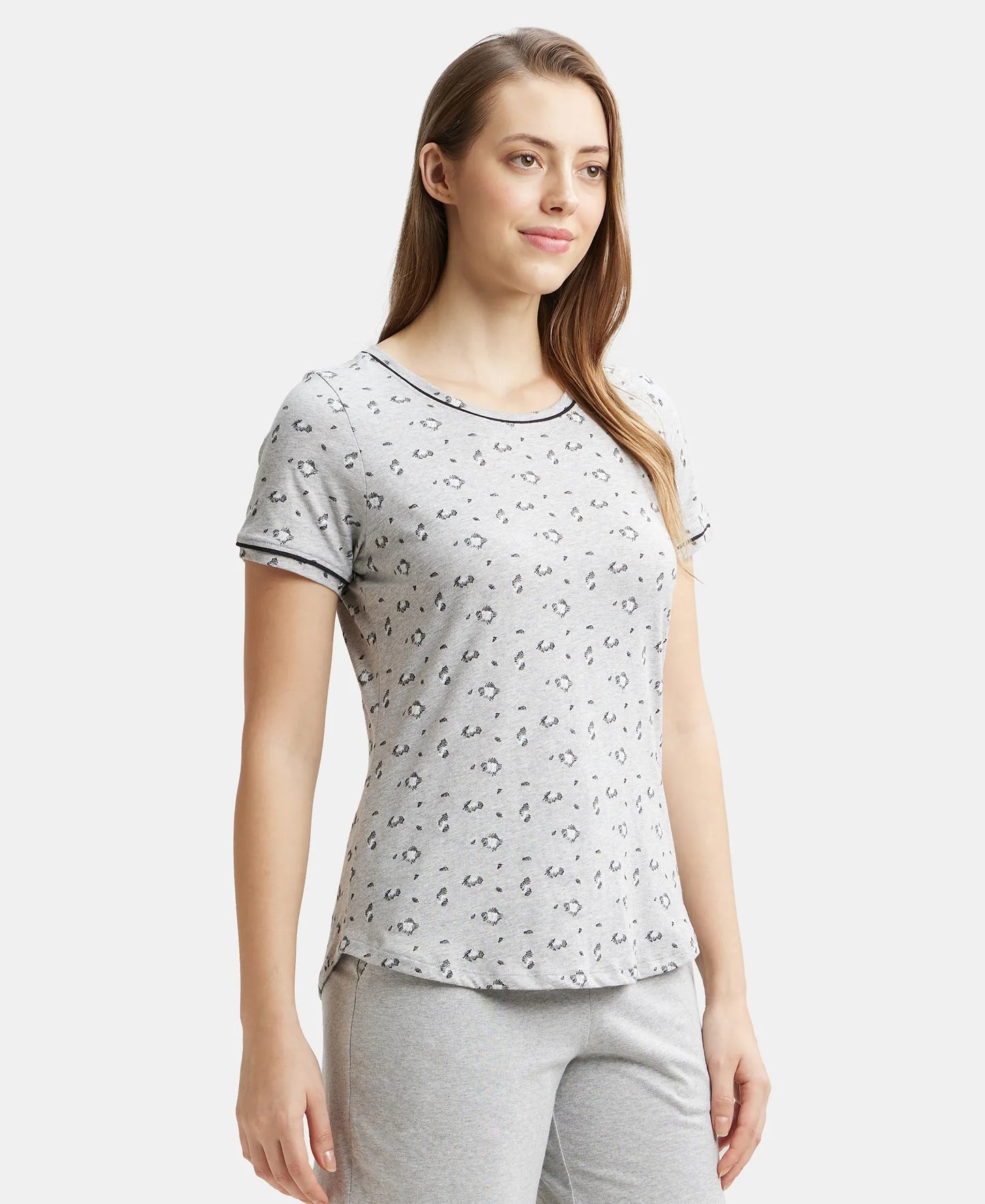 Super Combed Cotton Relaxed Fit Printed Round Neck Half Sleeve T-Shirt with Contrast Piping Design - Light Grey Melange-2