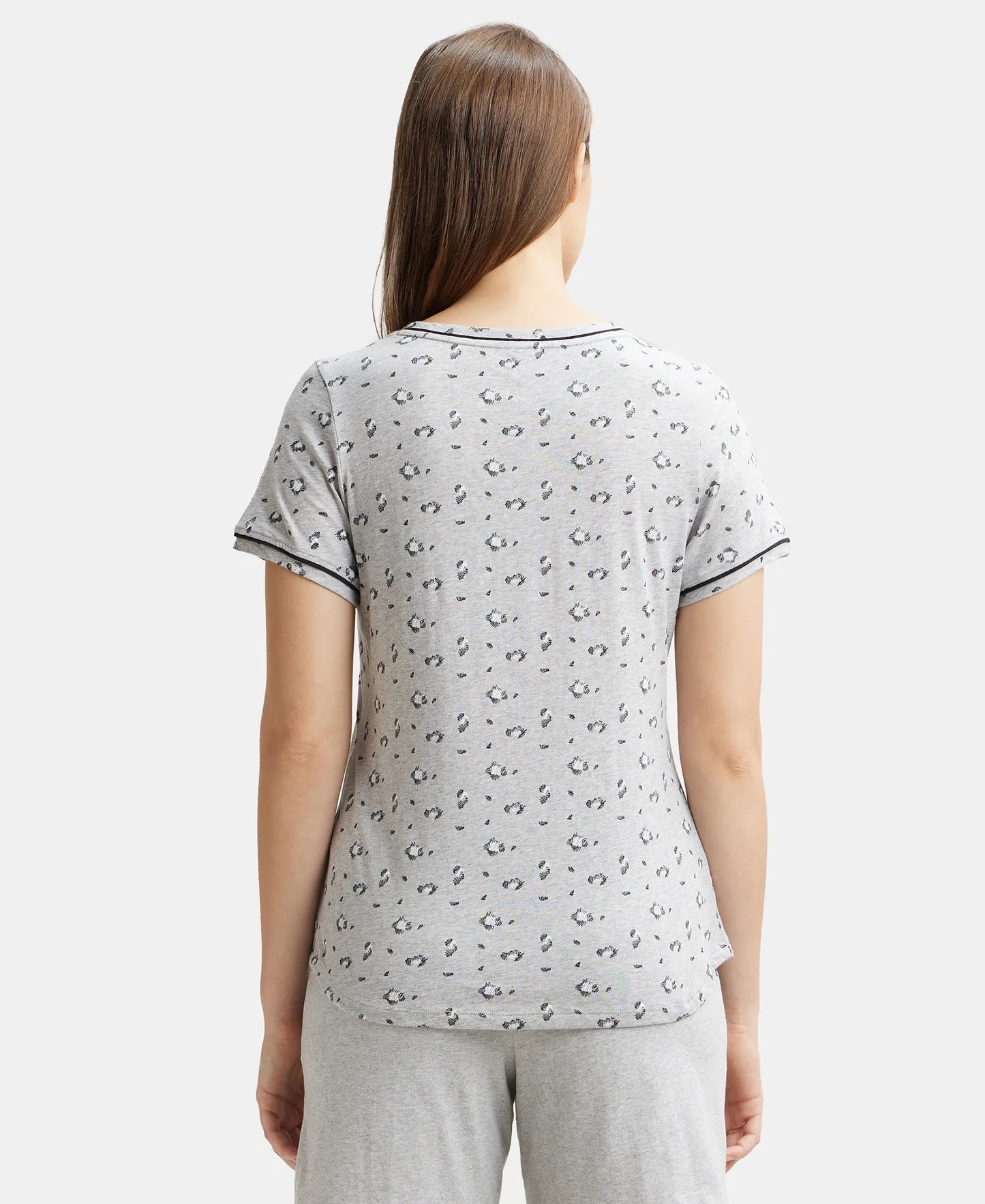 Super Combed Cotton Relaxed Fit Printed Round Neck Half Sleeve T-Shirt with Contrast Piping Design - Light Grey Melange-3