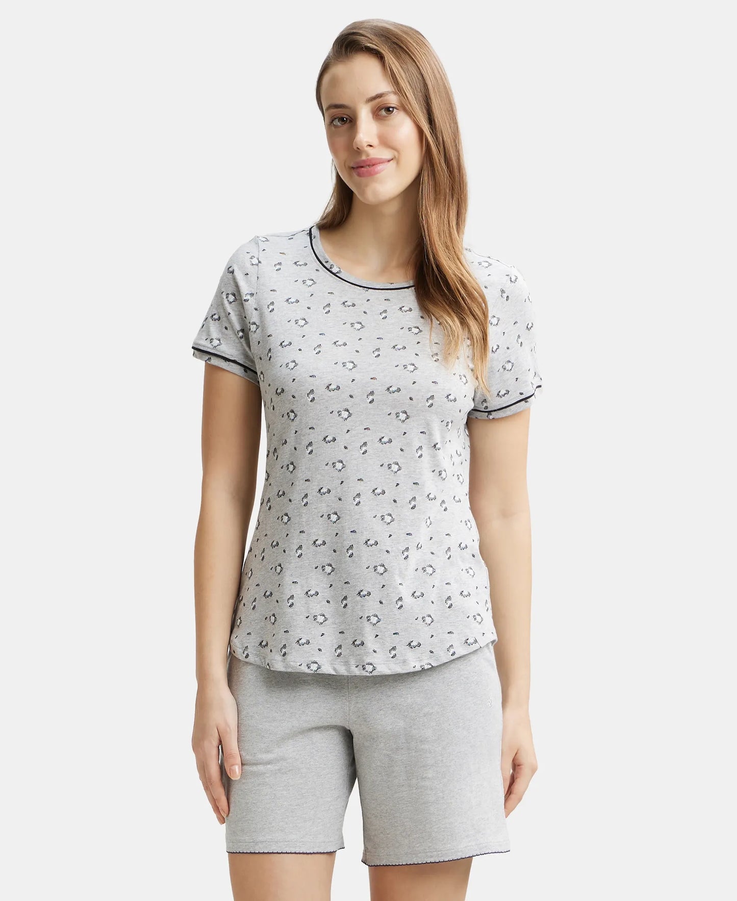 Super Combed Cotton Relaxed Fit Printed Round Neck Half Sleeve T-Shirt with Contrast Piping Design - Light Grey Melange-5